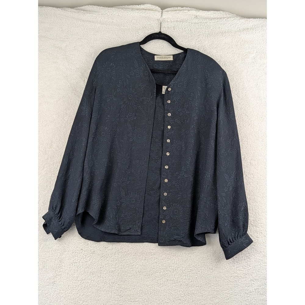 Valerie Stevens Pure Silk Blouse Navy Blue Floral Jacquard Button Down Top sz 10